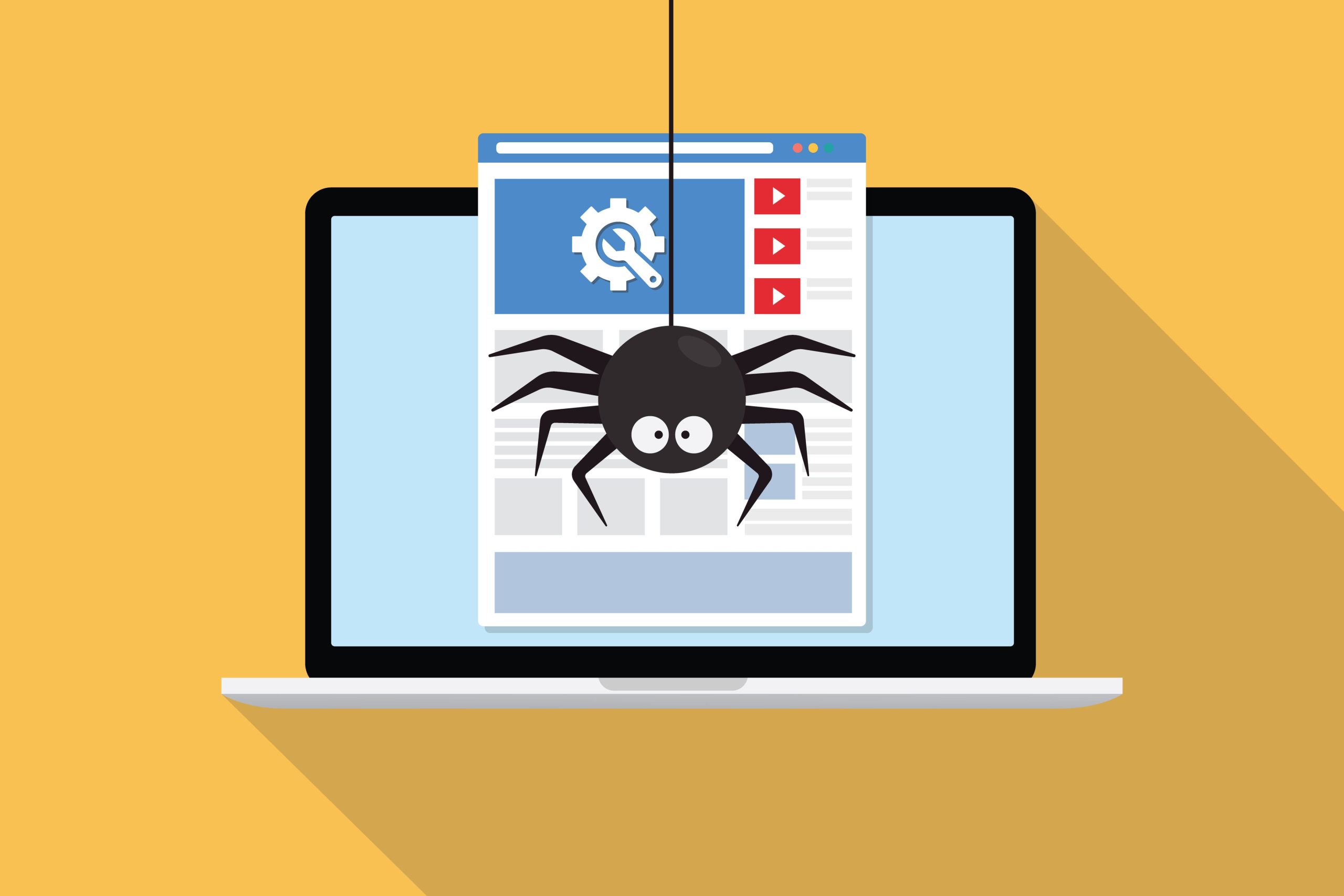 A cartoon illustration of a spider hanging in front of a laptop screen, symbolizing a Google crawl rank issue or security threat.