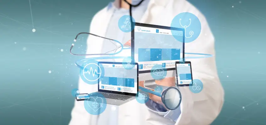 A healthcare professional interacts with a futuristic virtual interface displaying medical data and graphs on doctor review sites, symbolizing advanced medical technology.