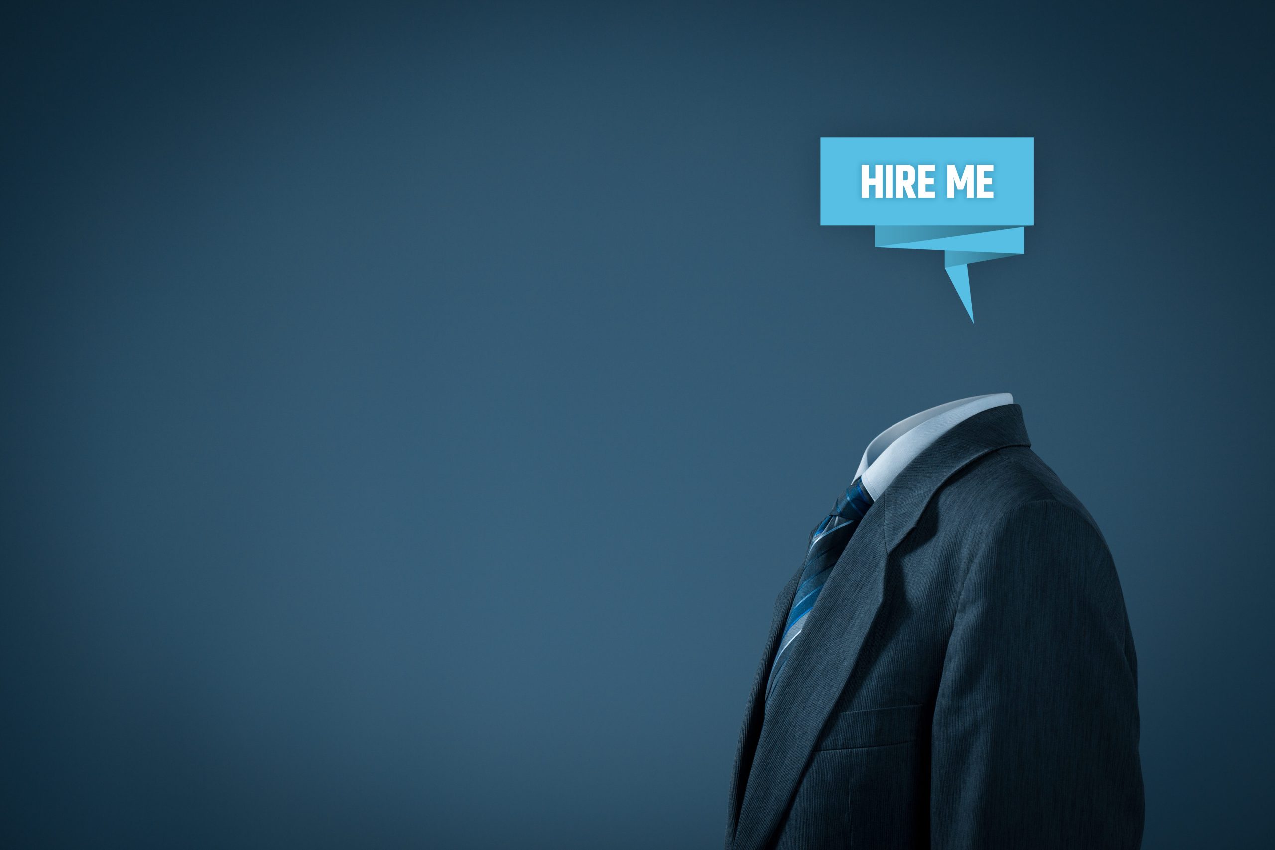 A headless person in a business suit with a speech bubble saying "hire me" emanating from the neck area, against a blue background, symbolizing the faceless nature and the importance of online