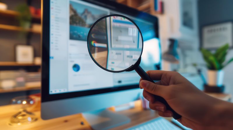 A hand holds a magnifying glass in front of a computer screen, enlarging part of the display showing how to remove pictures from Google Images. The background includes shelves with books and decorations, creating a cozy workspace environment.