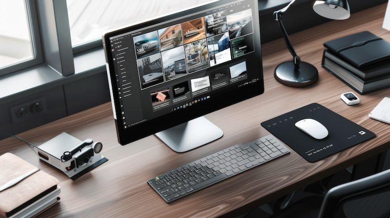 A modern workspace features a sleek desktop computer displaying a photo editing software for removing pictures from Google Images, along with a wireless keyboard and mouse. The wooden desk also holds a tablet, books, a desk lamp, and a small analog camera, next to a large window with natural light.