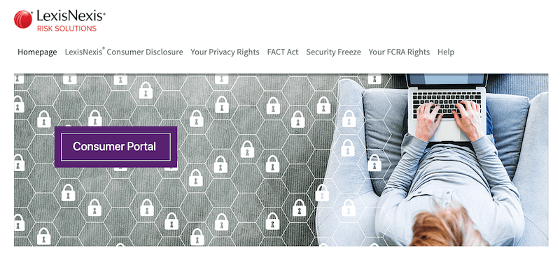 A person using a laptop sits on a couch, eyeing the screen's background with padlock icons on a hexagonal pattern. A purple button labeled "Consumer Portal" is visible, alongside options like "Homepage," "Consumer Disclosure," and "Your Privacy Rights." They consider initiating a LexisNexis freeze for added security.