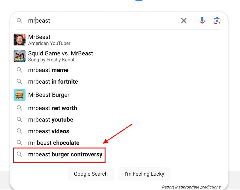 A Google search bar displays the query "mrbeast" with various autocomplete suggestions, including "mrbeast burger controversy" highlighted by a red arrow. The suggested searches list, driven by predictive search technology, also includes terms like "mrbeast net worth" and "mrbeast videos.