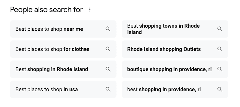 A search engine result page, enhanced by predictive search, shows related suggestions: "Best places to shop near me," "Best places to shop for clothes," "Best shopping in Rhode Island," "Best places to shop in USA," "Best shopping towns in Rhode Island," "Rhode Island shopping Outlets," and more.