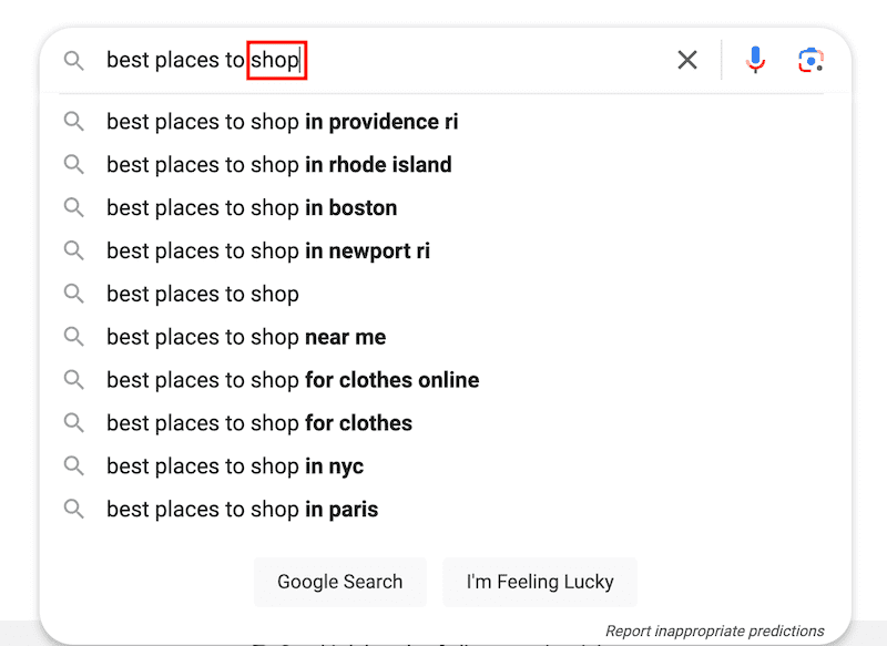 A Google search query shows predictive search suggestions for "best places to shop," including locations like Providence, Rhode Island, Boston, Newport, New York City, Paris, and options such as "near me" and "for clothes online." Buttons for "Google Search" and "I'm Feeling Lucky" are below.