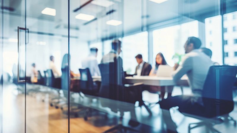 A group of people sit around a conference table in a modern office with large windows. The photo, taken from outside the room, captures a blurred view of the participants through glass walls, ensuring executive privacy. The setting is bright and contemporary.