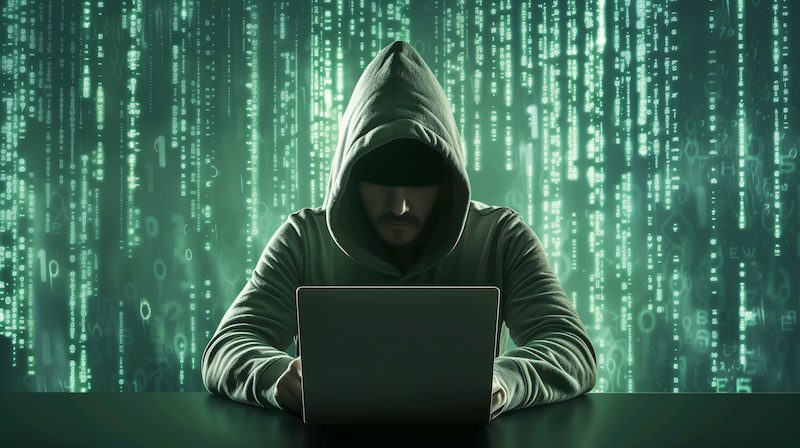 A person wearing a hoodie works on a laptop in a dark setting, shrouded in executive privacy. Green, illuminated code and digital symbols cascade down on a black background, evoking a high-tech or hacking environment.