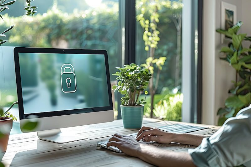 An executive is working on a desktop computer with a lock icon displayed on the screen, symbolizing privacy and security. The desk is adorned with several potted plants, and large windows in the background reveal a lush, green outdoor area, allowing natural light to fill the space.