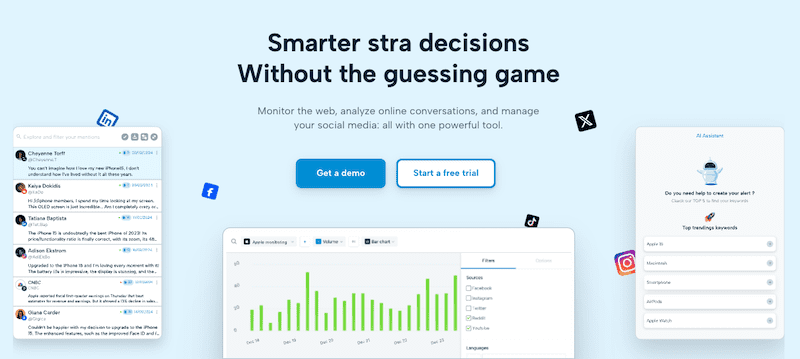 A promotional web page displays a headline "Smarter strat decisions Without the guessing game" and options to "Get a demo" or "Start a free trial." Below are screenshots of an analytics dashboard, reputation management tools, and a social media feed. Background includes social media icons.