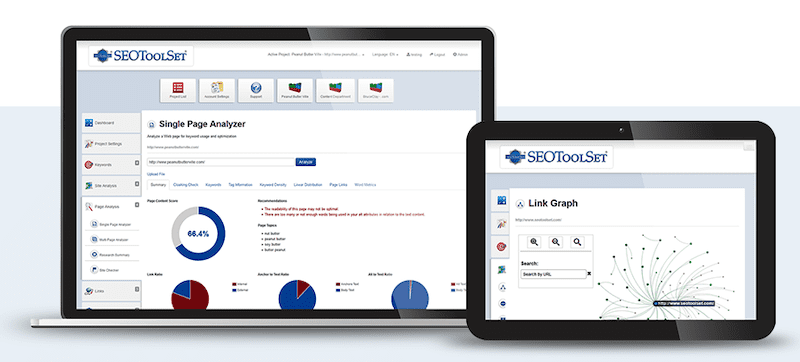 Two electronic devices—a laptop and a tablet—displaying SEO analysis tools. The laptop screen shows a Single Page Analyzer with pie charts and metrics, while the tablet screen displays a Link Graph with nodes and connections. Both screens feature the "SEOToolSet" logo, highlighting their reputation management tools.