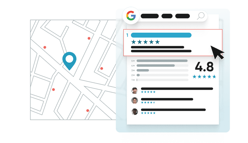 A digital illustration showing a map on the left with a location pin and several marked points. To the right, there's a review interface featuring a highlighted business with a 4.8 rating and several user reviews with star ratings, showcasing how reputation management tools can enhance visibility.