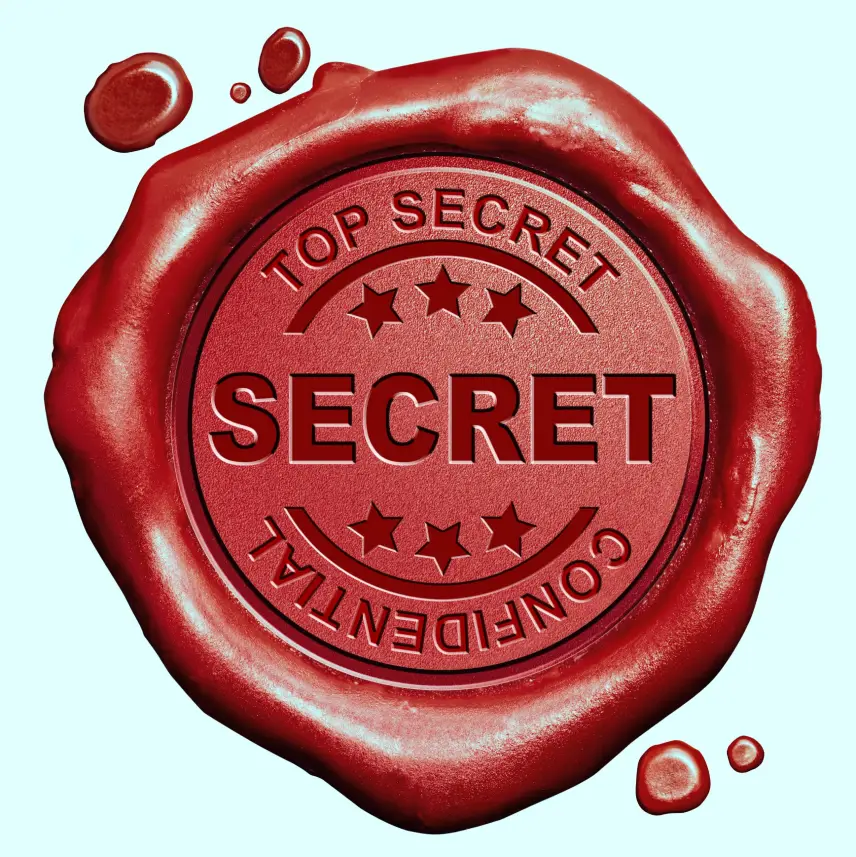 A wax seal stamped with the words "top secret" and "confidential" symbolizing secure and highly sensitive reputation management secrets.