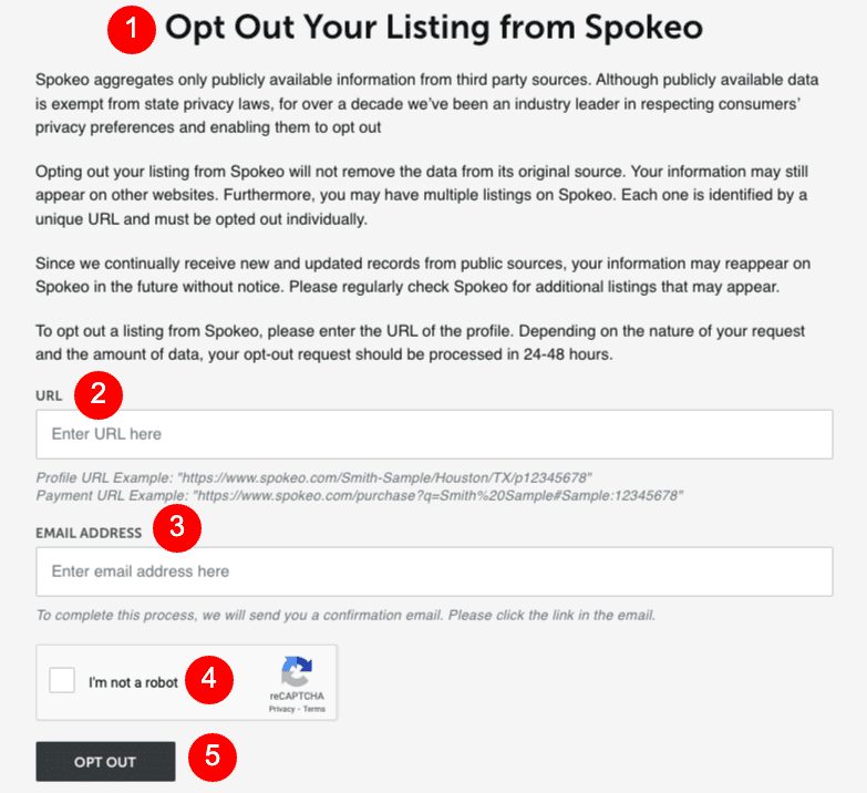 Opt out request form on Spokeo.