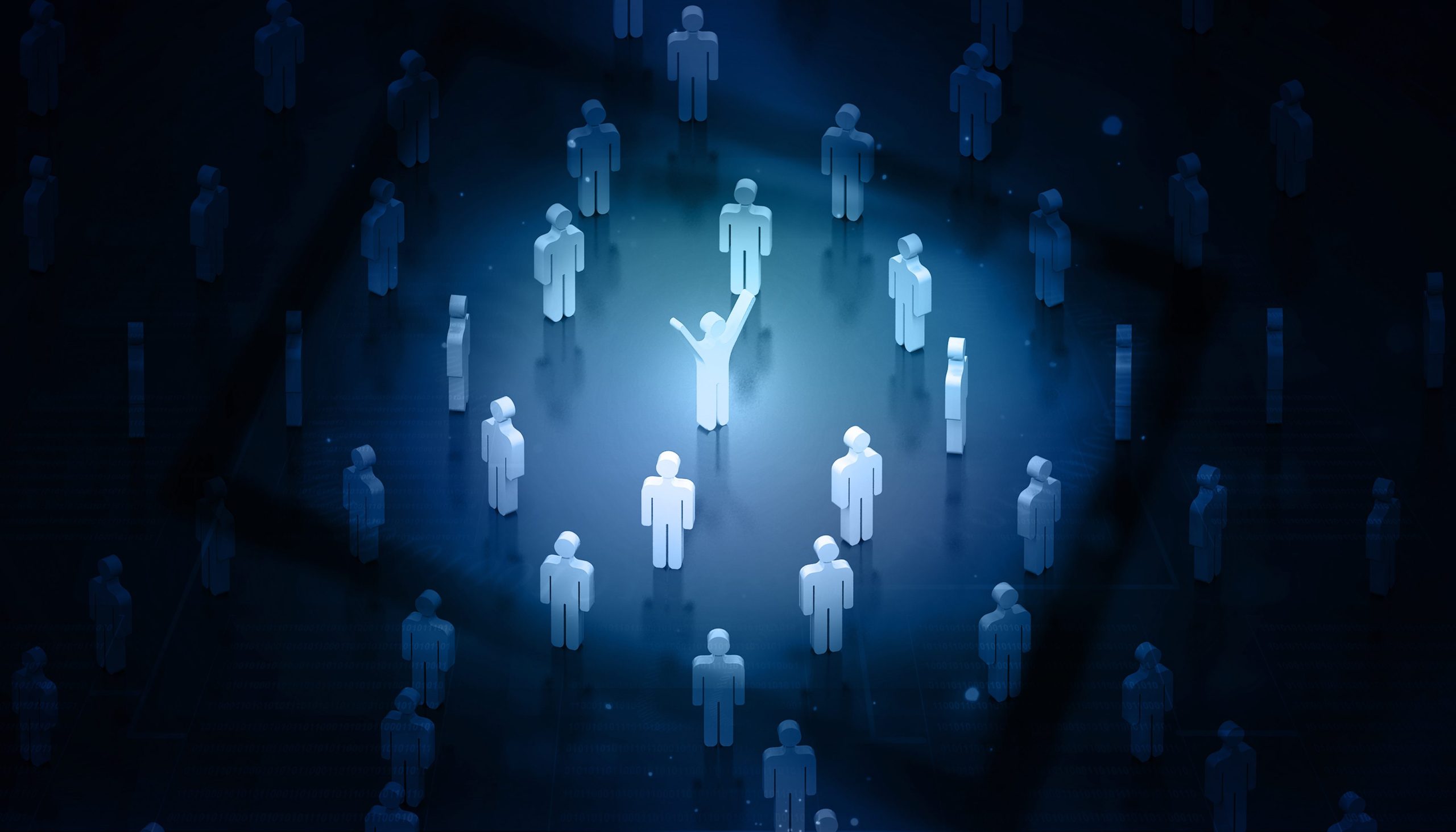 A digital illustration features a group of white humanoid figures on a dark blue background, with one central figure illuminated and raising its arms, suggesting a concept of leadership or standing out from the crowd. Just as 411.com opt out empowers privacy seekers, this figure shines brightly amidst balanced yet dimmer counterparts.