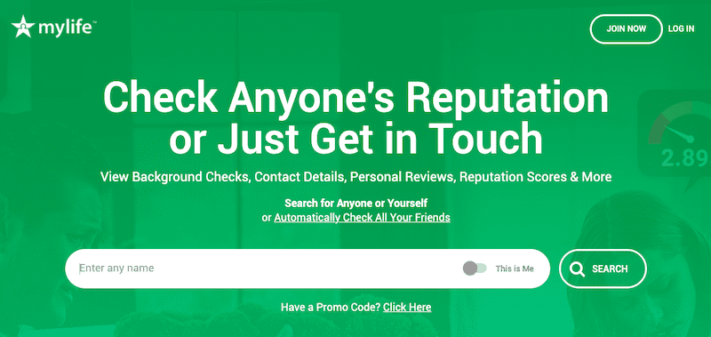 A green webpage titled "Check Anyone's Reputation or Just Get in Touch" from mylife.com. The page offers services for viewing background checks, contact details, personal reviews, and reputation scores. Features include search options and fields for entering a name and promo code.