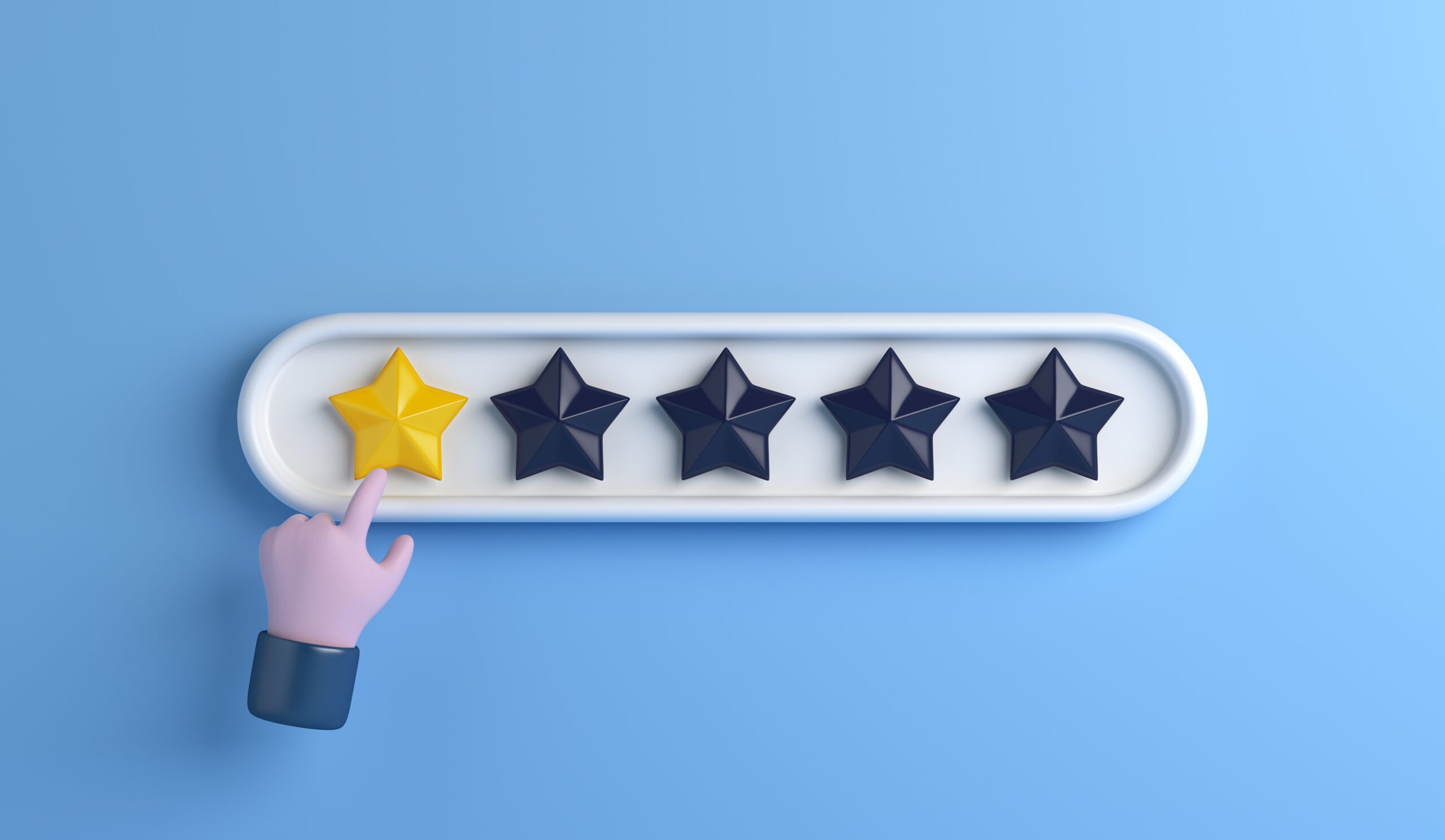 A 3D illustration of a hand pointing at a rating system with five stars. Only the first star is colored yellow, indicating a one-star rating, while the remaining four stars are dark blue. The background is light blue.