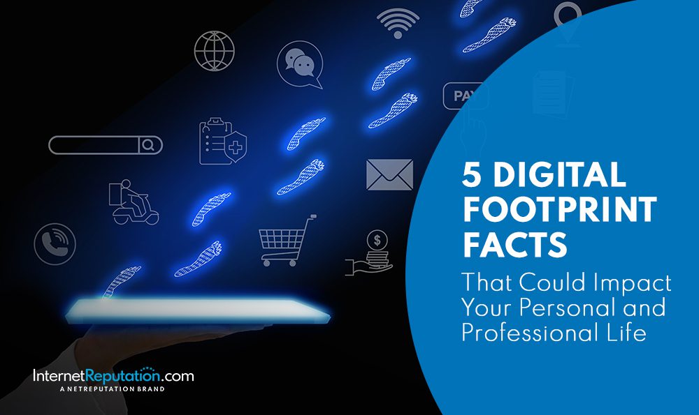 A glowing hand holds a digital tablet projecting blue icons like a lock, cloud, and shopping cart. Blue footprints trail from the screen, highlighting key Digital Footprint Facts. Text reads: "5 Insights That Could Transform Your Personal and Professional Life.