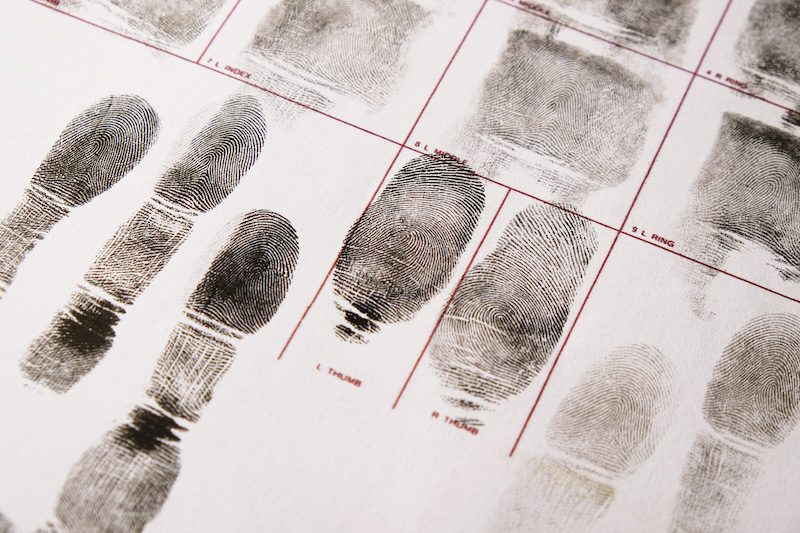 A close-up of a fingerprint sheet reveals multiple inked fingerprints, each labeled in red text with its source, like thumb or finger. This forensic document, essential for identification processes, hints at protocols not unlike those used to obtain someone's mugshot.