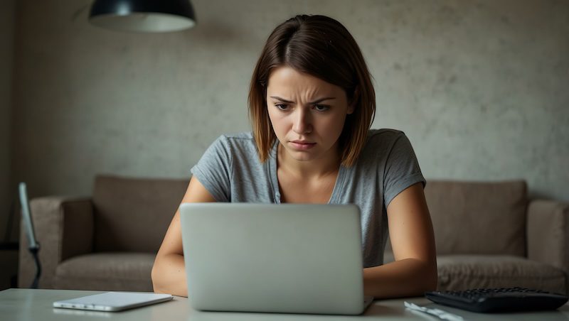 A person with short brown hair sits at a table, their focus intently on a laptop. The room, bathed in neutral tones with a sofa in the background and a lamp overhead, feels serene. Nearby, a notebook and calculator rest beside the laptop displaying a Reddit post removed notice.