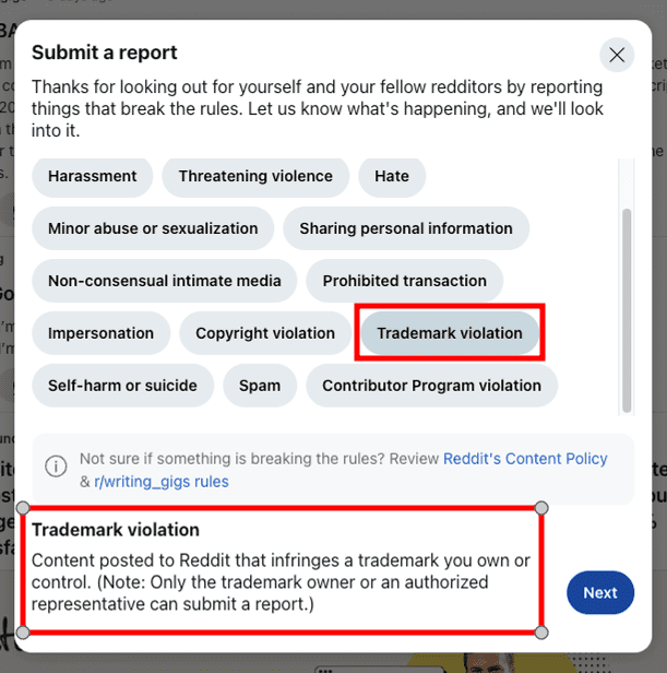 Screenshot of a Reddit report submission form highlighting the "Trademark violation" option. A description below explains that content infringing a trademark you own or control can be reported by the trademark owner or an authorized representative, potentially leading to the reddit post being removed.