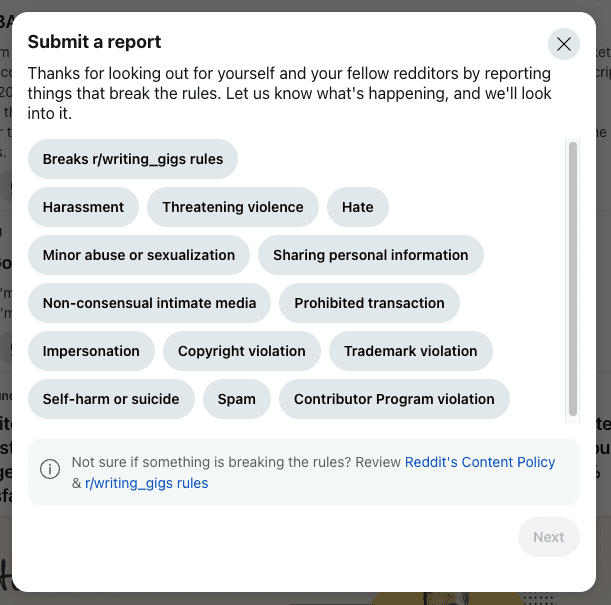 A pop-up menu titled "Submit a report" lists options for reporting violations like harassment, hate, or minor abuse. If a Reddit post is removed, review Reddit's Content Policy and rules for more details.