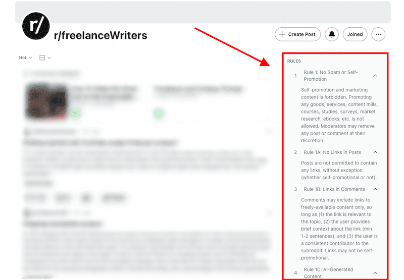 The screenshot displays a Reddit page for r/freelanceWriters, with the rules section emphasized. The initial rule, "No Spam or Self-Promotion," clearly suggests that promotional content often leads to a Reddit post being removed.