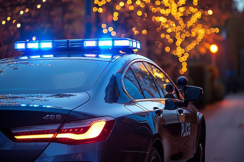 A police car with blue lights flashing is parked on a street at dusk, reminiscent of scenes where you'd ponder how to get someone's mugshot. In the background, blurred yellow string lights on trees create a warm and contrasting scene against the evening sky.