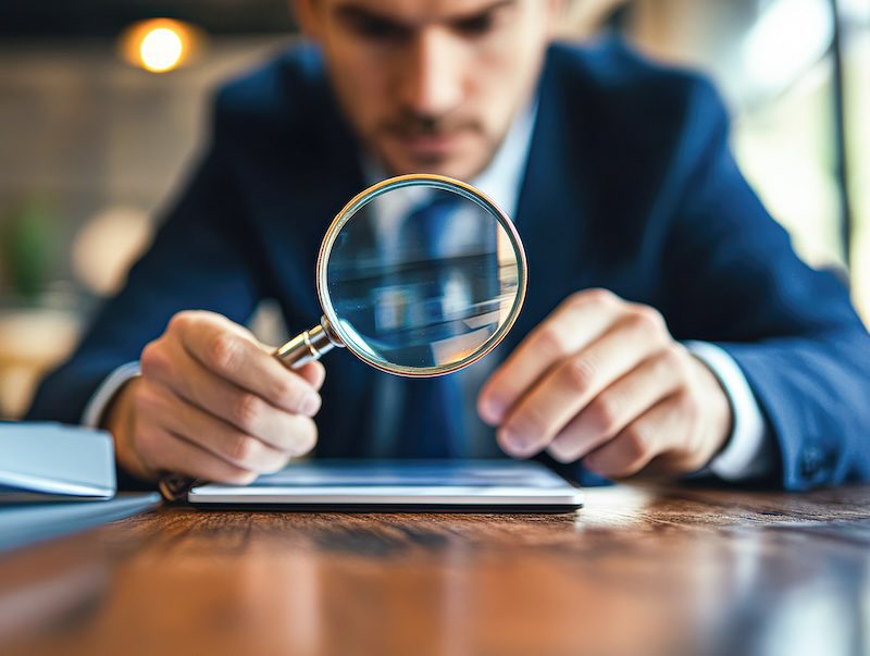 A person in a suit closely examines a tablet with a magnifying glass at a wooden table, perhaps researching how to get someone's mugshot. The image conveys focus and attention to detail, with a blurred background that hints at an office setting.