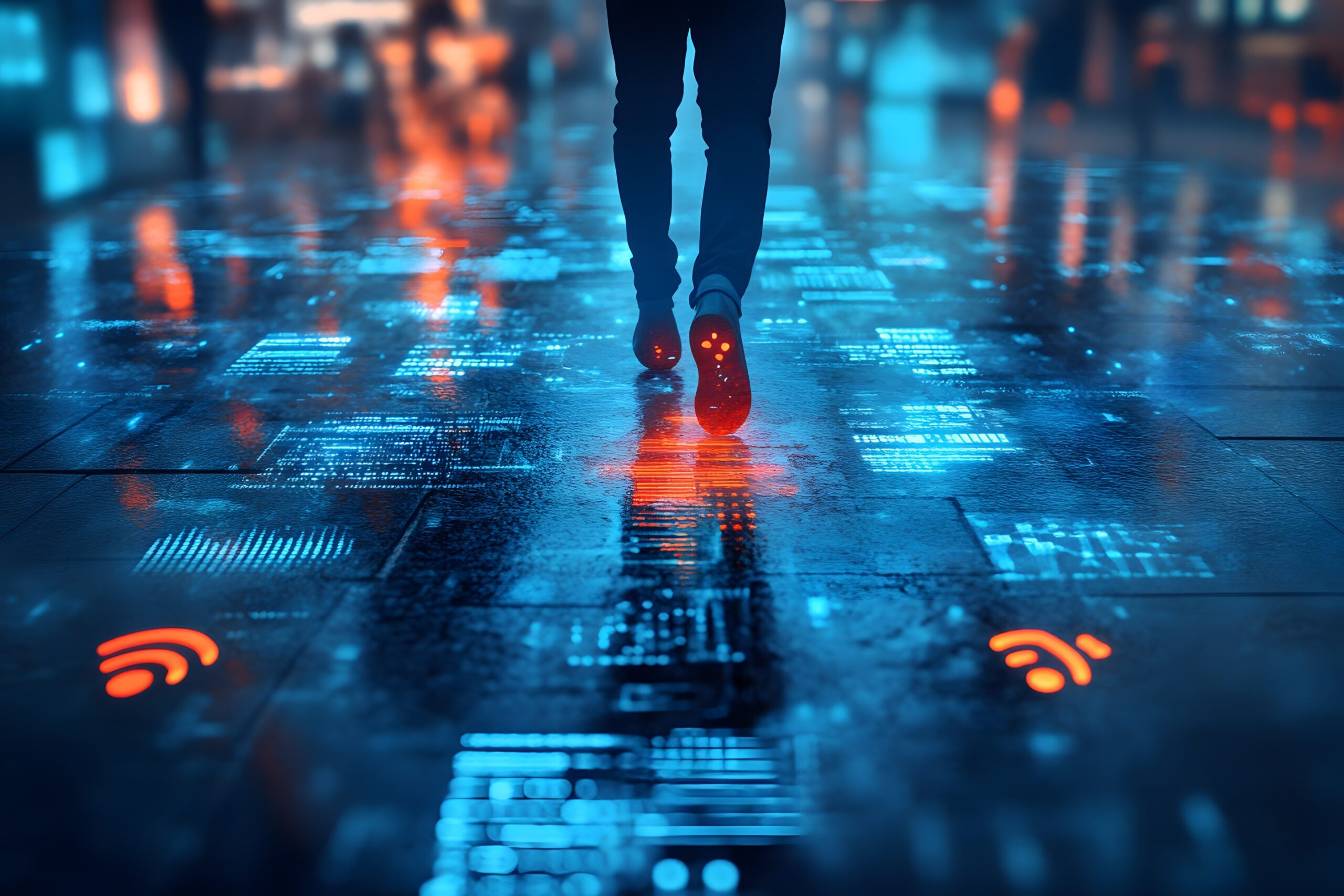 A person walks on a rain-soaked city street at night, with illuminated digital data patterns and icons like Wi-Fi symbols on the ground, creating a futuristic, technological atmosphere. Lights from buildings blur in the background.