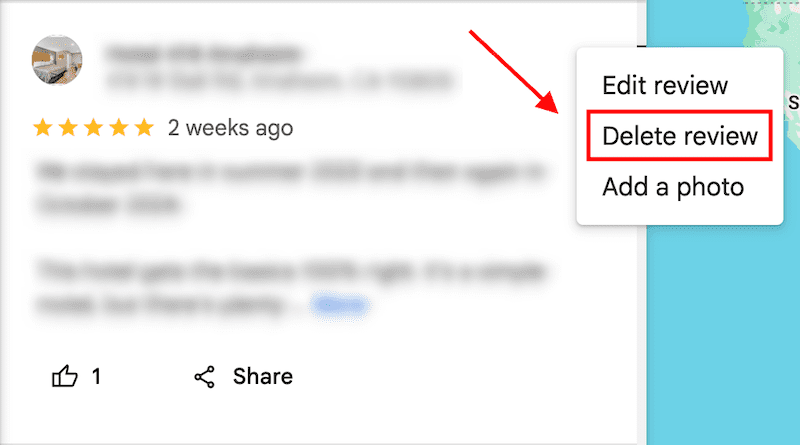 Screenshot of a review page showing options including "Edit review," "Delete review," and "Add a photo." A red arrow points to "Delete review," which is highlighted. The review displays 4.5 stars, was posted 2 weeks ago, and includes text and a thumbs up icon.