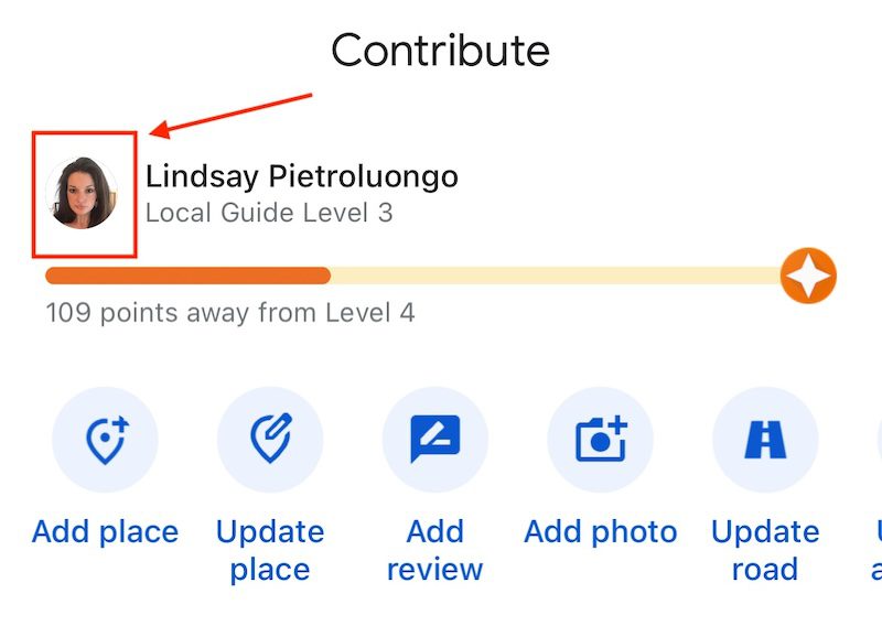 Screenshot of a local guide profile with a progress bar showing 109 points needed to reach Level 4. Icons for "Add place," "Update place," "Add review," "Add photo," and "Update road" are displayed below the profile information.