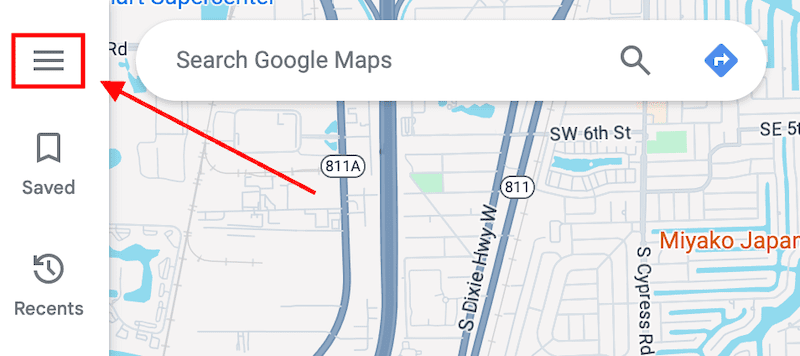 Screenshot of Google Maps showing a map area with roads labeled 811A and S Dixie Hwy W. The search bar is at the top, and an arrow points to a highlighted menu icon on the left side. Nearby locations are marked in text on the map.