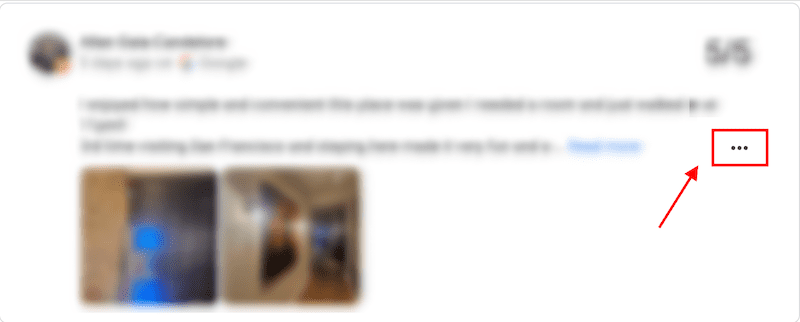 A blurred image of a social media post with three stars rating. The post includes text and two small blurry photos. A red arrow points to a three-dot menu icon on the right.