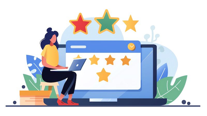 A person sits on a chair with a laptop, facing a large screen displaying a five-star rating. Three stars hover above the screen. The setting includes abstract leaves and geometric shapes, conveying an online review or rating concept.