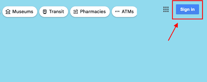 A screen showing buttons labeled "Museums," "Transit," "Pharmacies," and "ATMs" at the top left. A red-outlined "Sign in" button is in the top right corner on a light blue background, with a red arrow pointing to it.