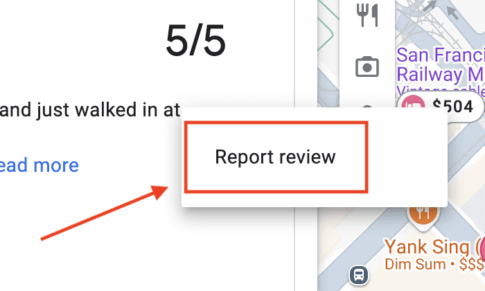 A webpage showing a "Report review" button highlighted with a red border next to a map. An arrow points to the button from a "5/5" rating on the left side. Nearby businesses with prices are partially visible on the map.