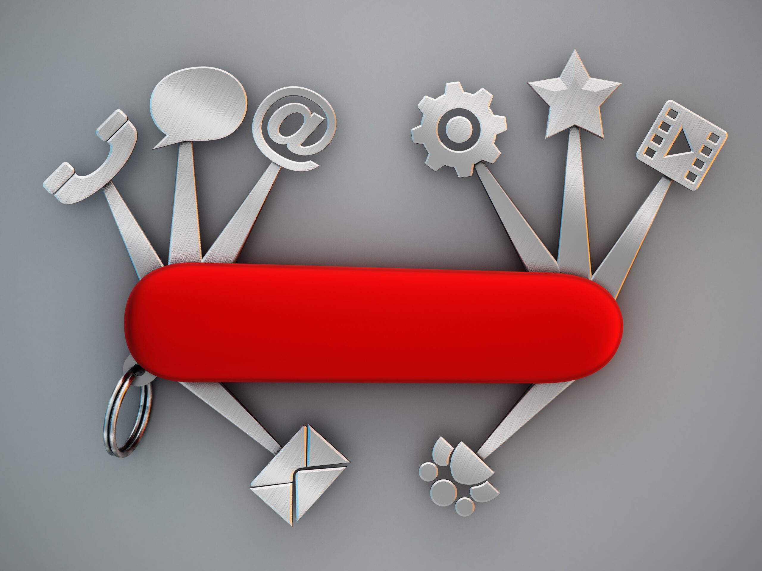 A red Swiss Army knife with digital-themed tools, including icons for phone, chat, email, settings, star, video, envelope, and share. The tools are metallic and arranged in a fanned-out pattern against a gray background.