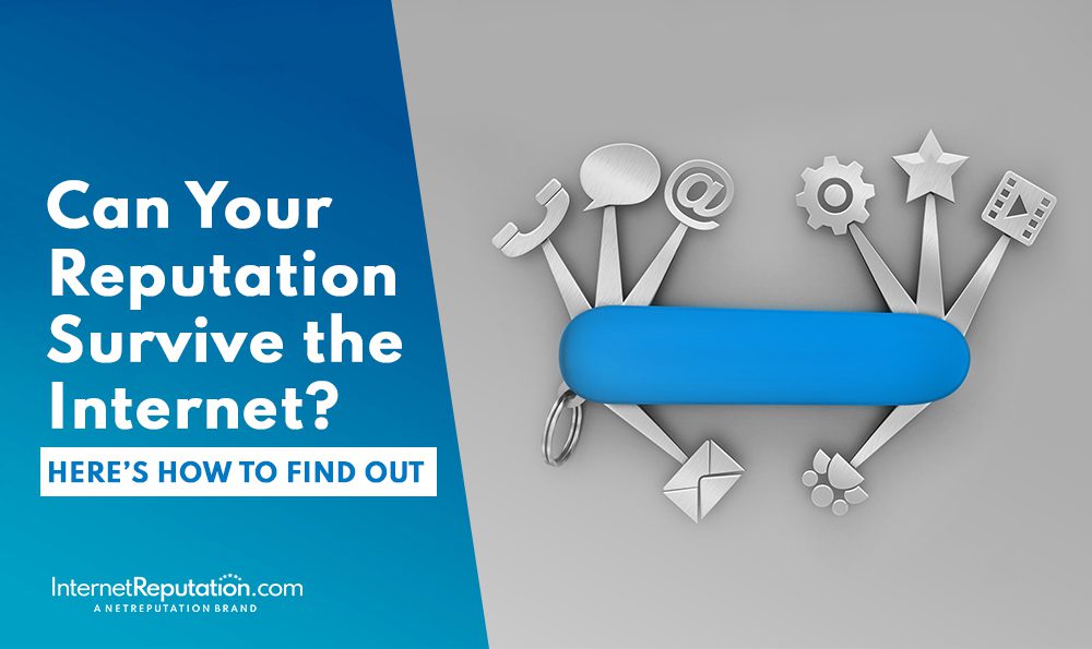 Promotional graphic with the text "Can Your Reputation Survive the Internet? Here's How to Find Out" next to a large blue barbell, symbolizing internet reputation management. Various icons like a magnifying glass, email, and star are hanging from the barbell.