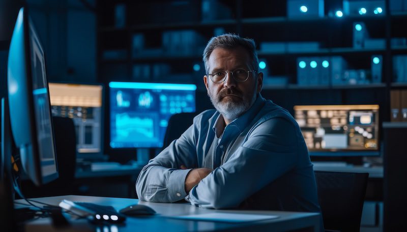 A person wearing glasses sits at a desk in a dimly lit office, surrounded by multiple computer monitors displaying graphs and data. The room is illuminated with a blue tint, creating a tech-focused atmosphere.