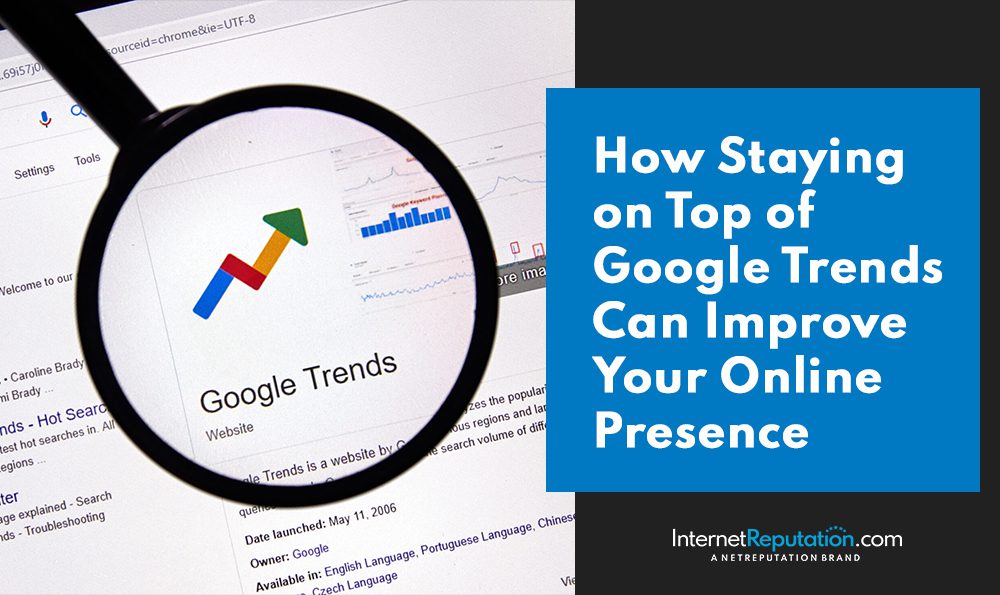 Magnifying glass highlighting the Google Trends website on a computer screen. Text on the right reads, "How Staying on Top of Google Trends Can Improve Your Online Presence." The InternetReputation.com logo is at the bottom right.