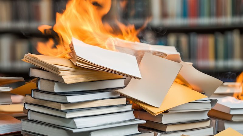 A stack of books is on fire in front of shelves filled with blurred books. The flames rise from the top of the pile, creating a striking contrast with the orderly background of the library.