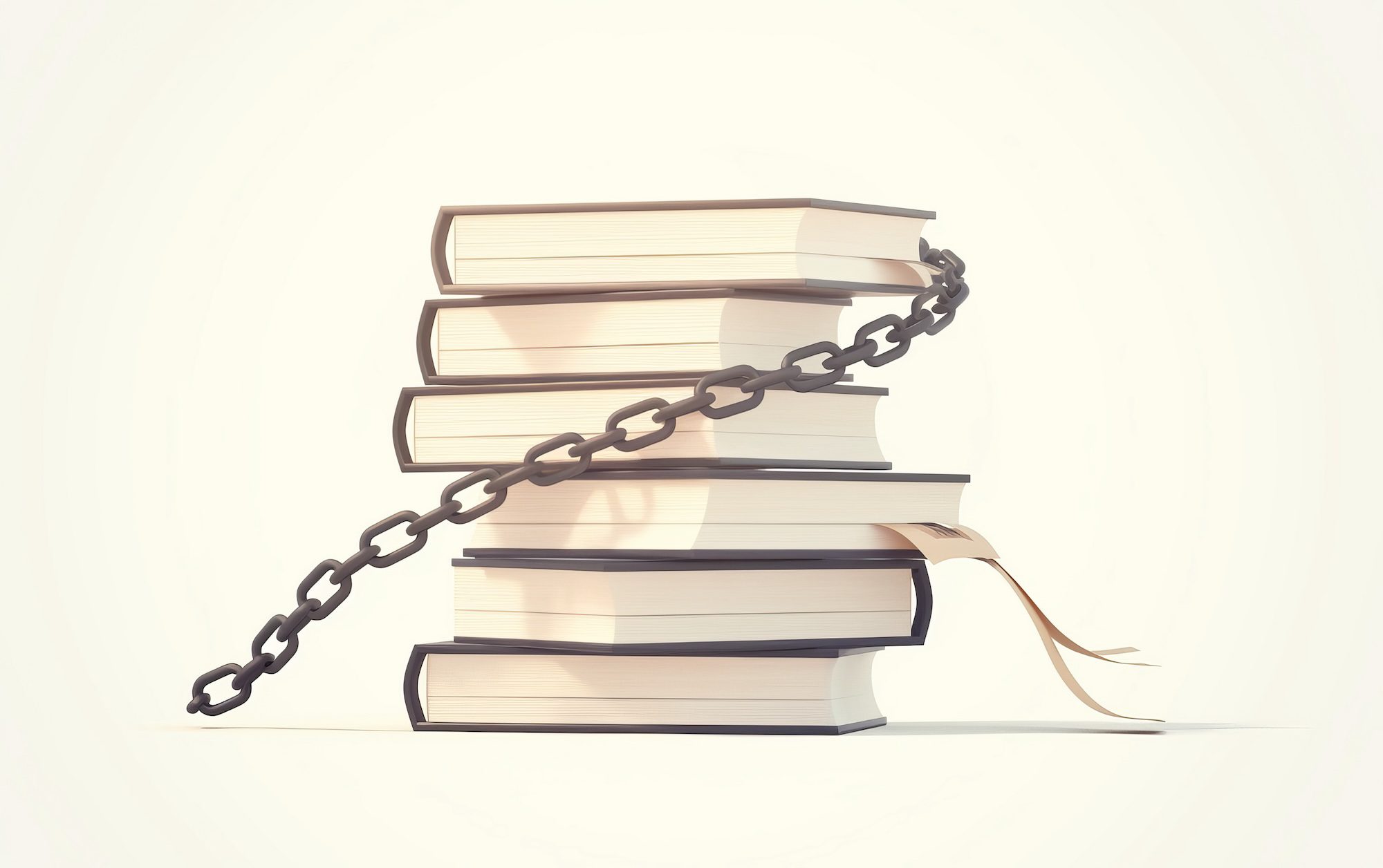 A stack of six books is bound by a black chain wrapped around them. A ribbon bookmark is visible between the pages of a book in the stack. The background is plain and light-colored.