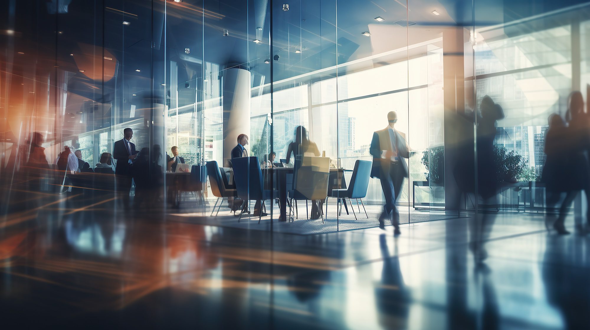 A modern office setting with several people sitting around a conference table, engaged in discussion. Other individuals walk by, creating a dynamic and bustling atmosphere. The room's glass walls overlook a cityscape.