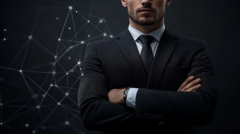 A man in a black suit and tie stands with arms crossed against a dark background with abstract, glowing network lines and dots. The image conveys a sense of professionalism and technology.