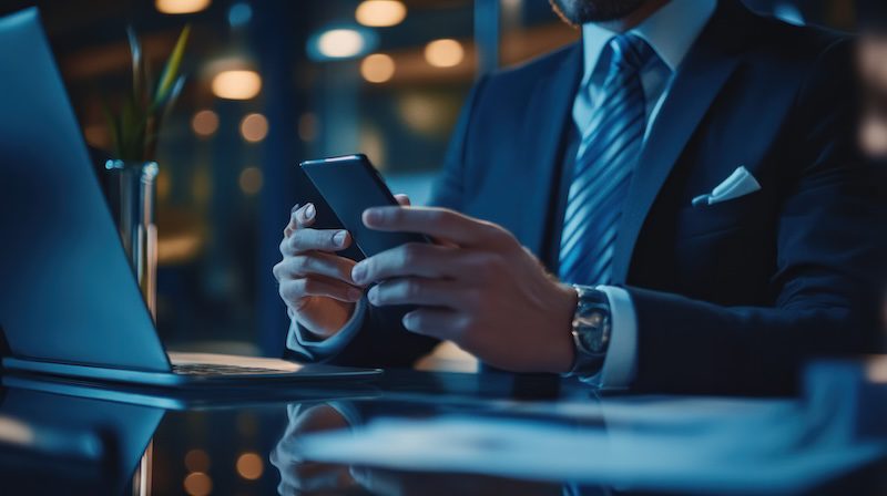 A man in a suit sits at a desk in a dimly lit office, holding a smartphone and facing an open laptop. A small plant is visible in the background, and a watch is on his wrist.