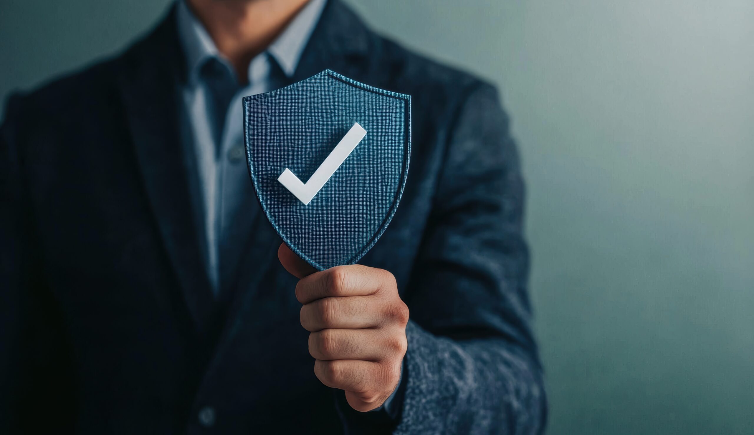 A person in a suit holds up a blue shield-shaped sign with a white checkmark on it. The background is a muted green.