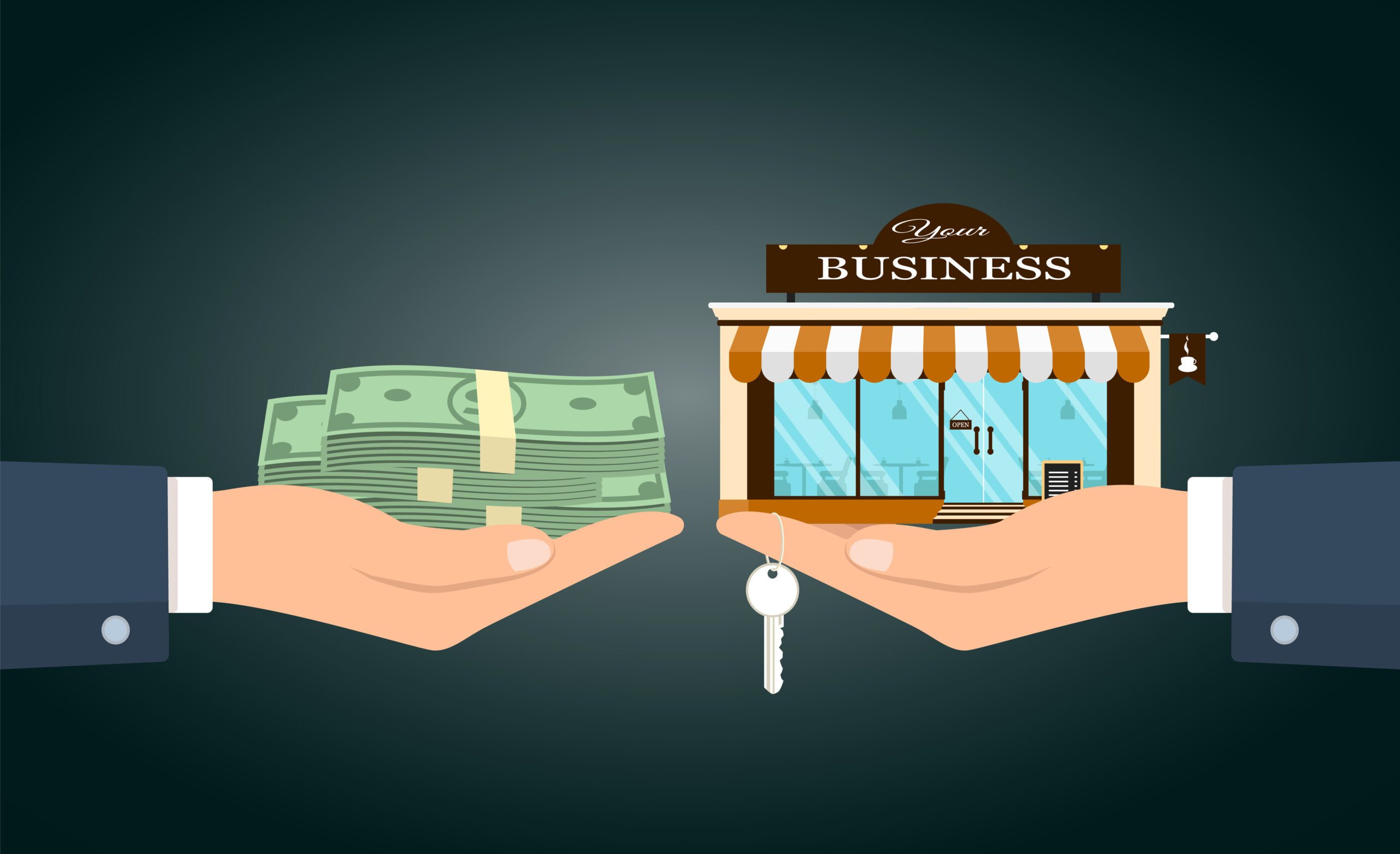 Illustration of a hand holding a stack of cash, stretching toward another hand with a small building labeled "Your Business" and a key. The dark gradient background symbolizes not just any business transaction but the importance of online reputation in today's digital landscape.