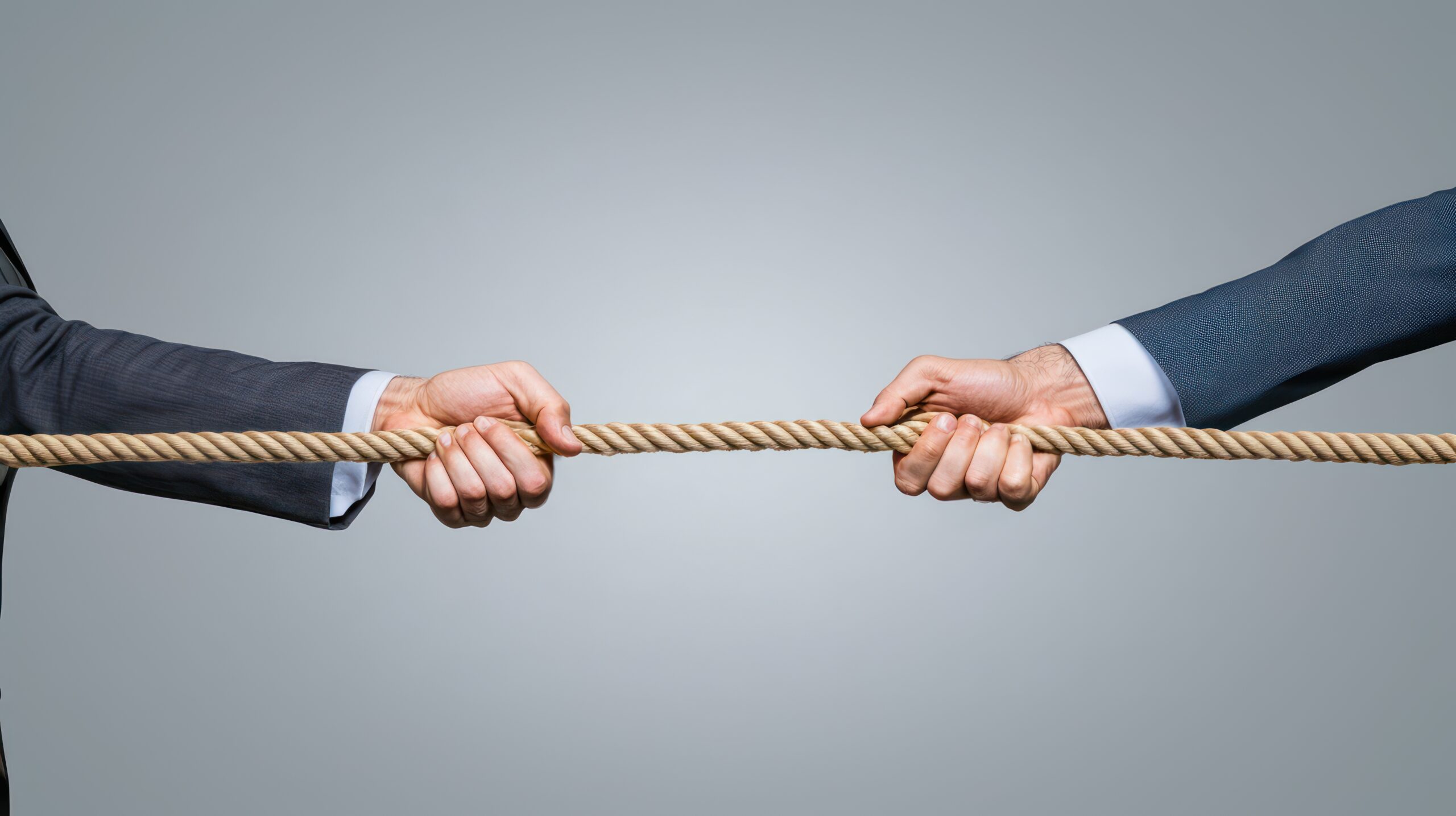 Two hands in business suits pulling on opposite ends of a thick rope, set against a neutral background, conveying a concept of competition or struggle.