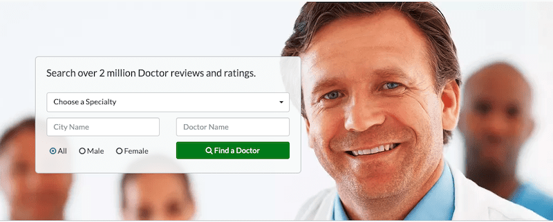 A smiling male doctor in a white coat is in focus. A search interface for finding doctors, with options for specialty, city, and name, is overlaid on the left. The background is blurred with additional figures.