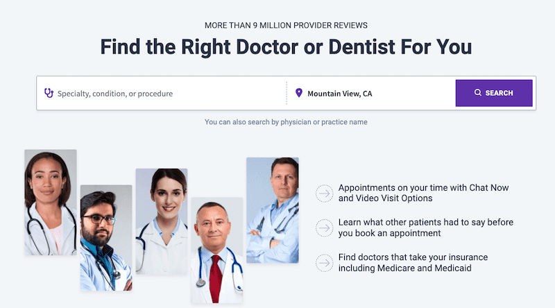 A medical search interface with a search bar to find doctors or dentists by specialty and location. Below are headshots of diverse doctors. Features include online appointments, patient reviews, and insurance options.